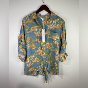 intro. Watercolor-Print Tie-Hem Shirt in Blue, Green & Pink NWT